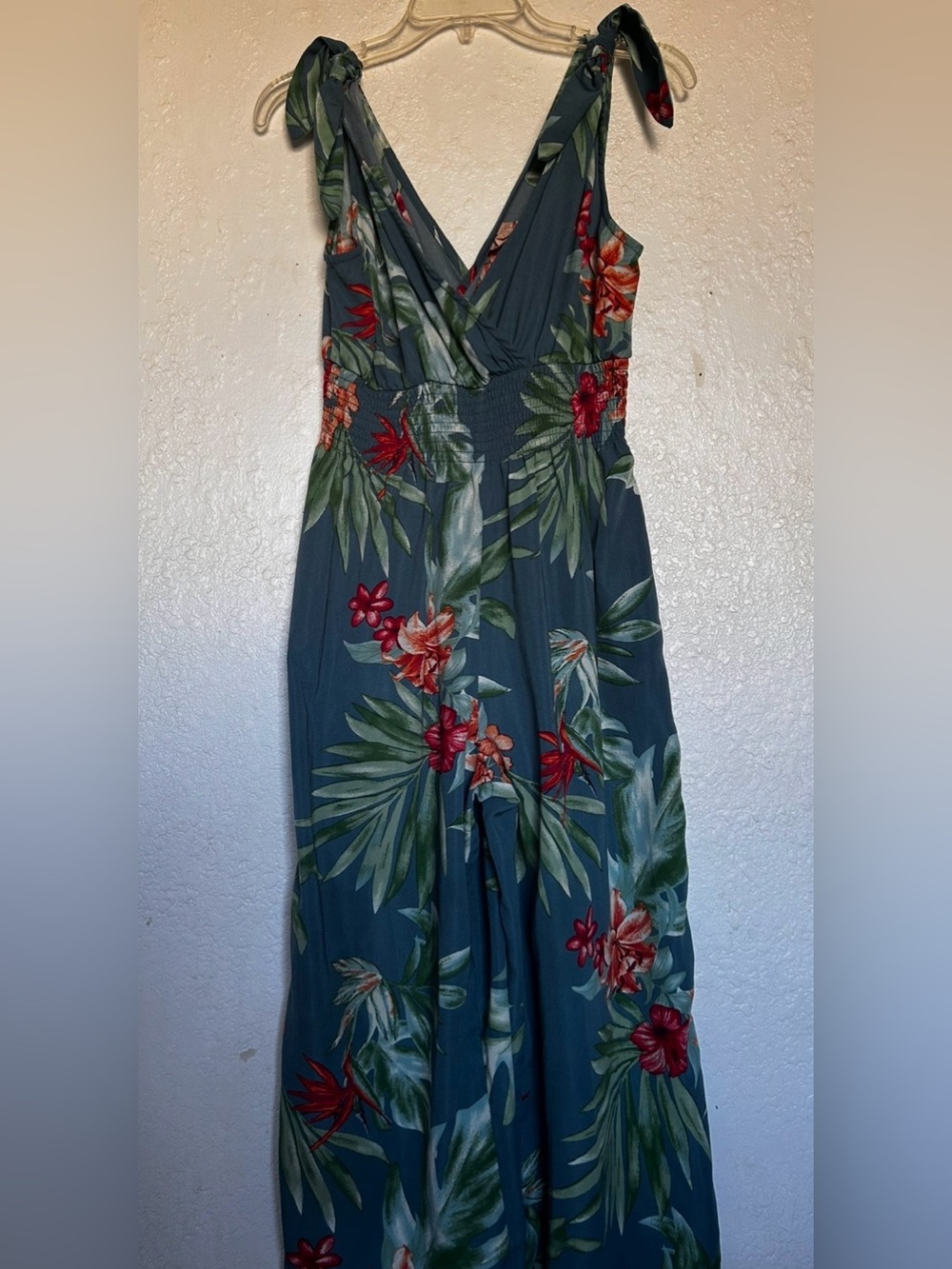 Floral Wide-Leg Women’s Jumpsuit Pants - Teal with Red Floral Print